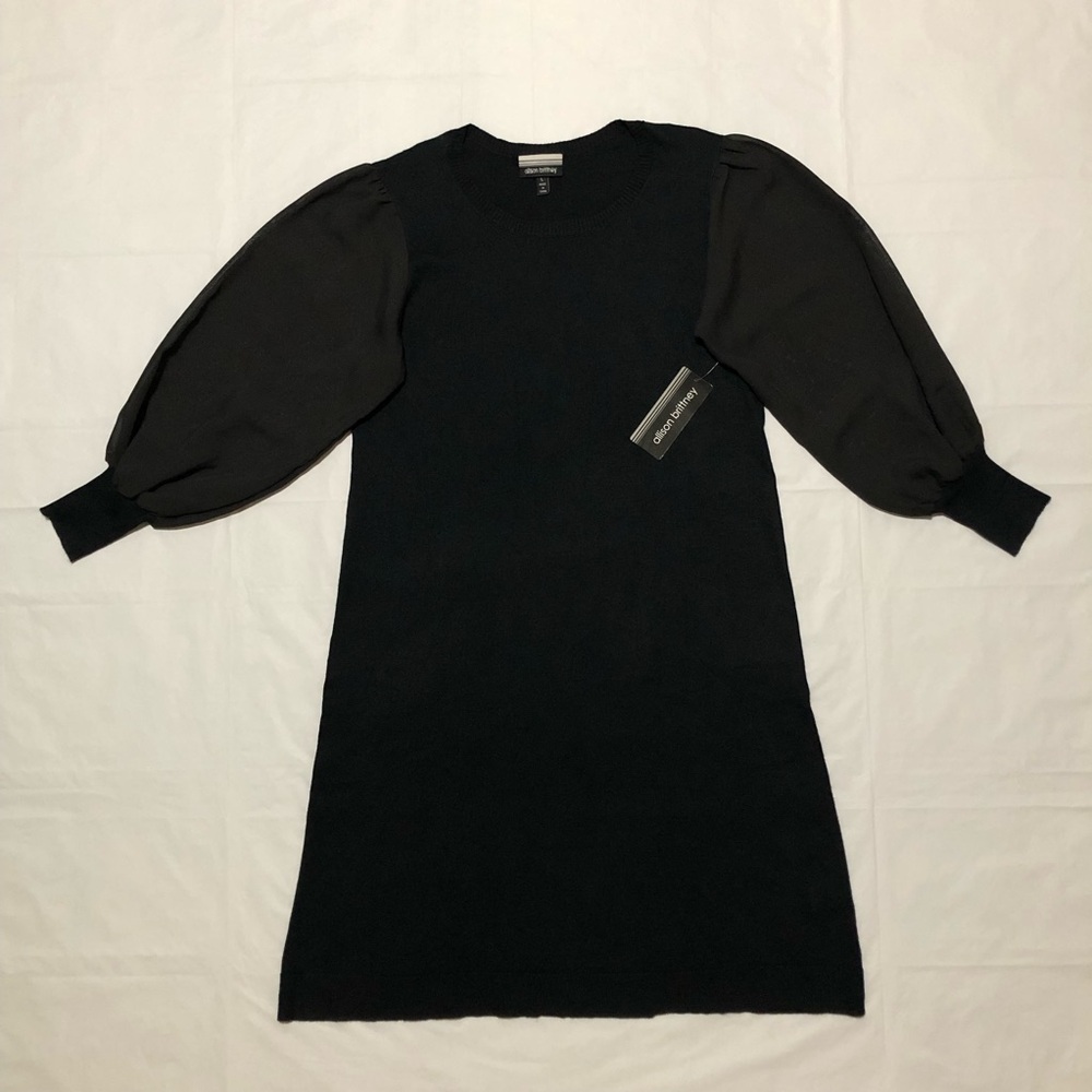 NWT Allison Brittney Women’s Sheer Puff Sleeve Ribbed Knit Body Black Dress L